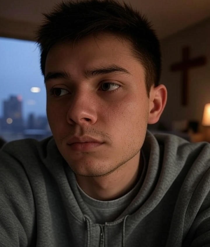 Illustration of a person reflecting on identity with a cross in the background